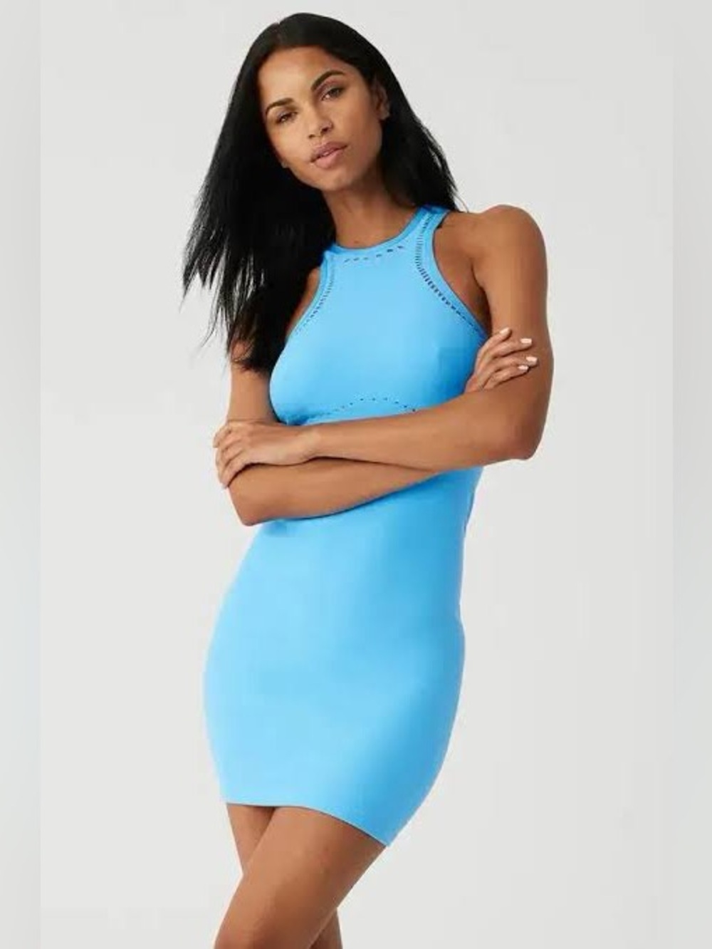 ALO Yoga Azure Blue Seamless Open Air Racer Back  Bodycon Mini Dress